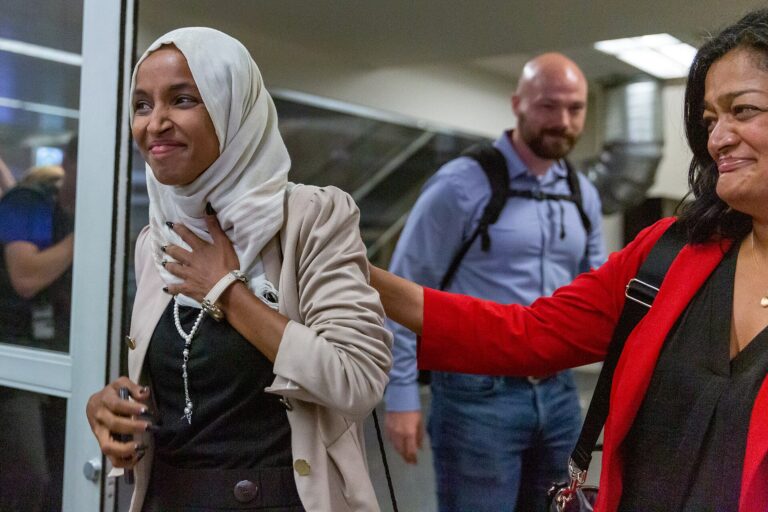 Representative Ilhan Omar is greeted by supporters at MSP Airport when she arrives. Representative Pramila Jayapal arrived with Omar.