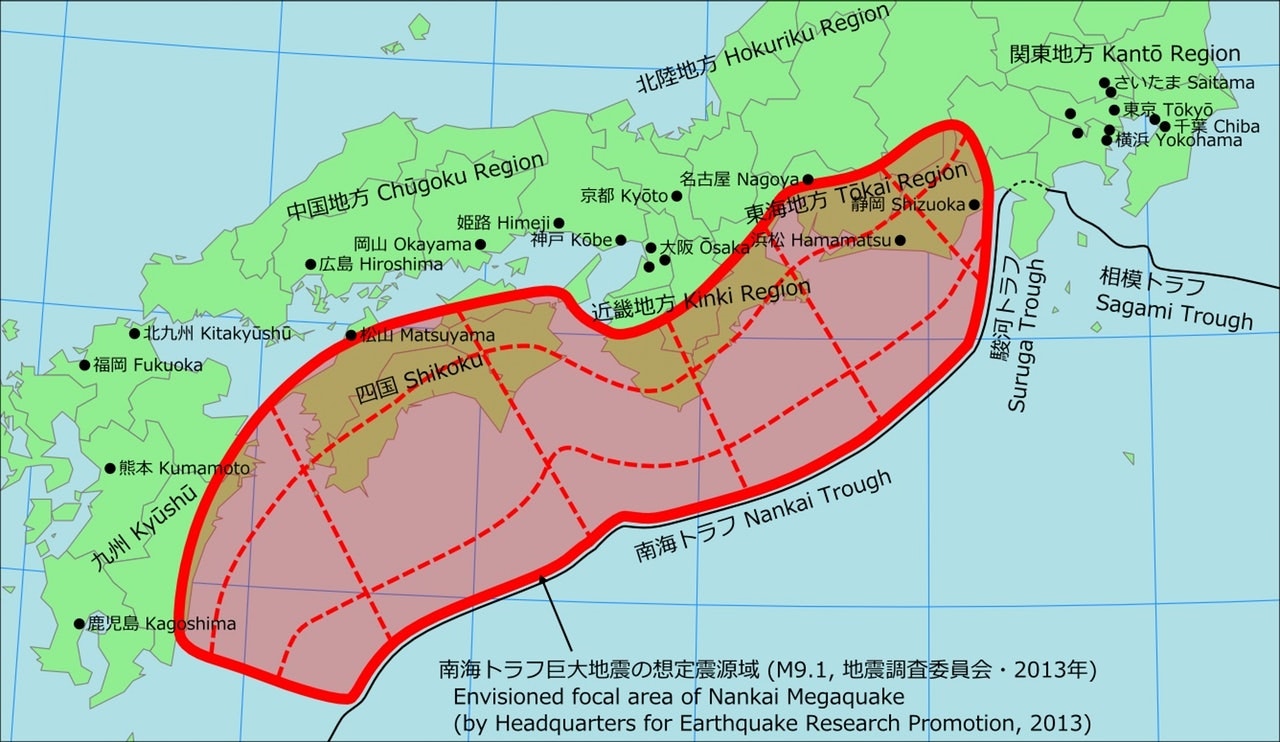 南海海槽(南海トラフ)的位置,红色区域均为地震时可遭海啸直击的范围。(地震调查委员会)