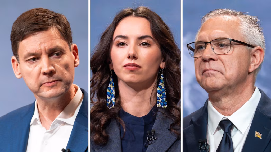 新民主党党魁尹大卫(David Eby)、绿党党魁罗万(Emily Lowan)以及保守党党魁多克森(Lorne Doerkson)。