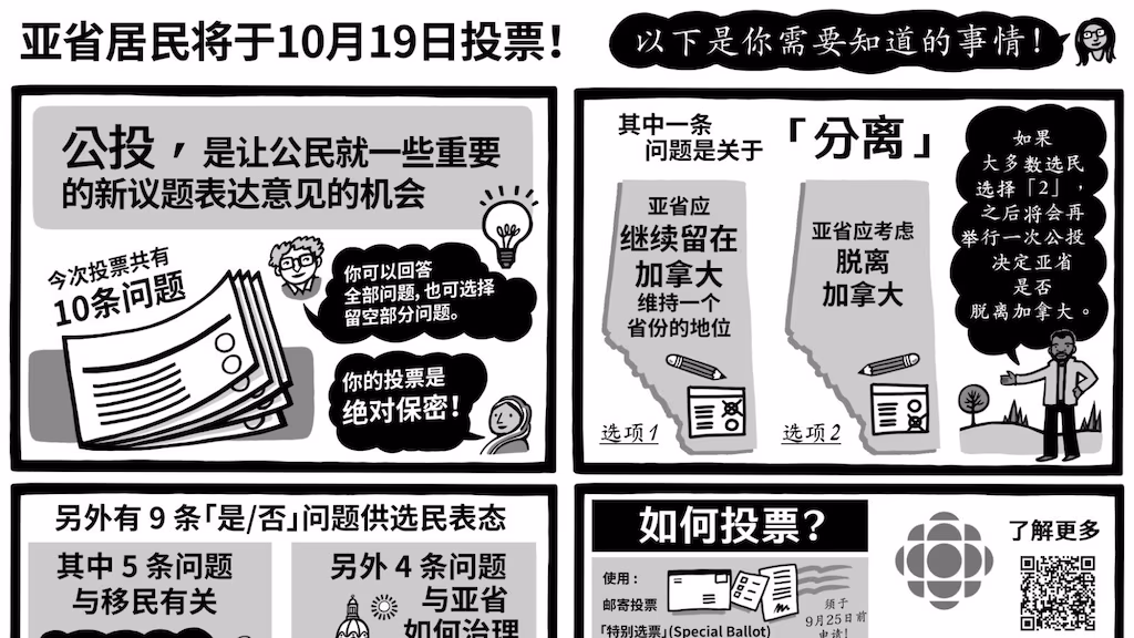 艾伯塔省10月19日公投的简要须知。 照片:Radio-Canada / Illustration par Sam Hester