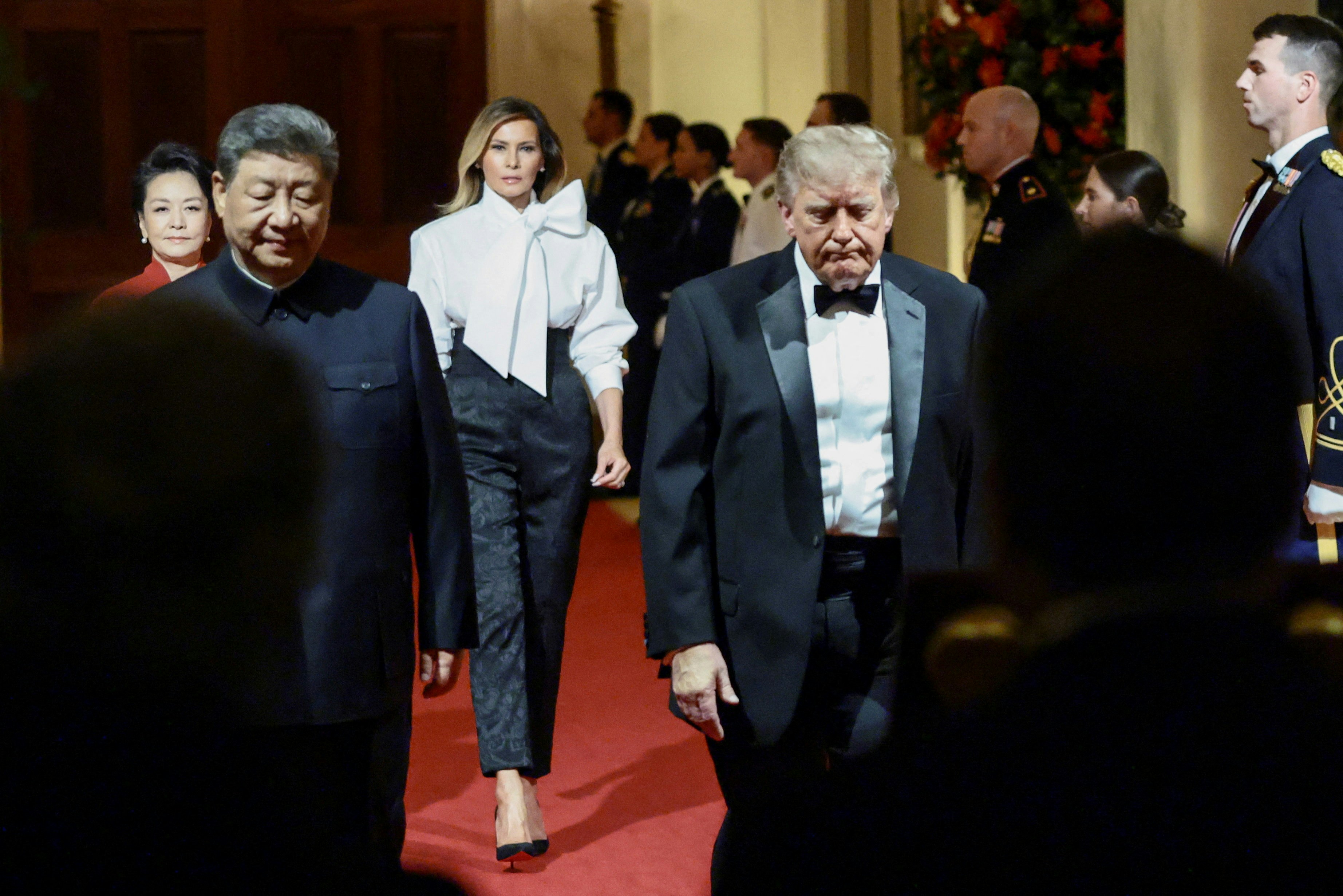 2026年9月24日,美国总统特朗普(Donald Trump)、第一夫人梅拉尼娅(Melania Trump)、中国国家主席习近平及其夫人彭丽媛,在白宫出席国宴。(Reuters)