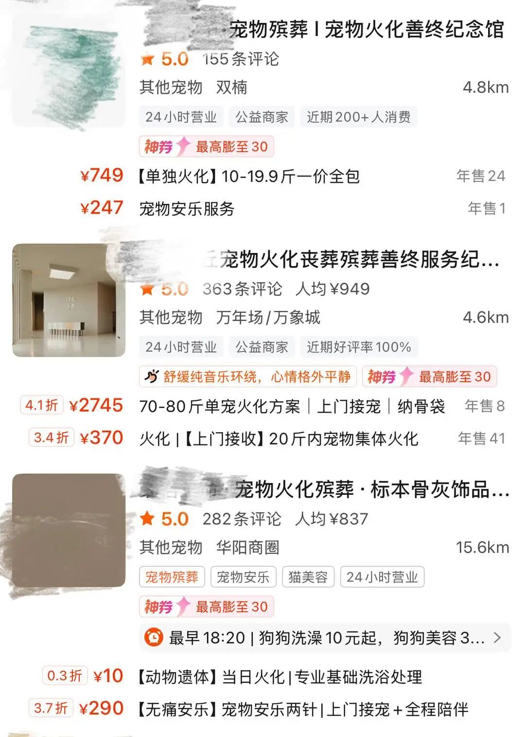 平台上可以搜索出大量宠物殡葬店家