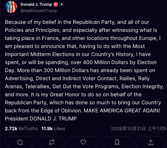 2026年10月20日,美国总统特朗普(Donald Trump)表示,他已在共和党的竞选活动中花费超过3亿美元(约23.6亿港元)。(Truthsocial@realDonaldTrump)