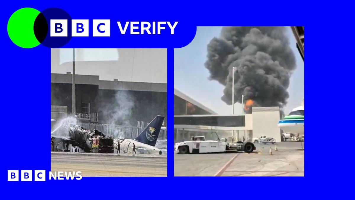 A damaged plane and a smoke cloud following strikes at King Khalid International Airport in Riyadh, in a BBC Verify branded border.