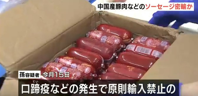 日本大阪府警方2026年10月拘捕一名涉嫌走私21.75公斤肉肠入境日本的47岁中国籍女子,她把商品放进行李与背包中(影片截图)