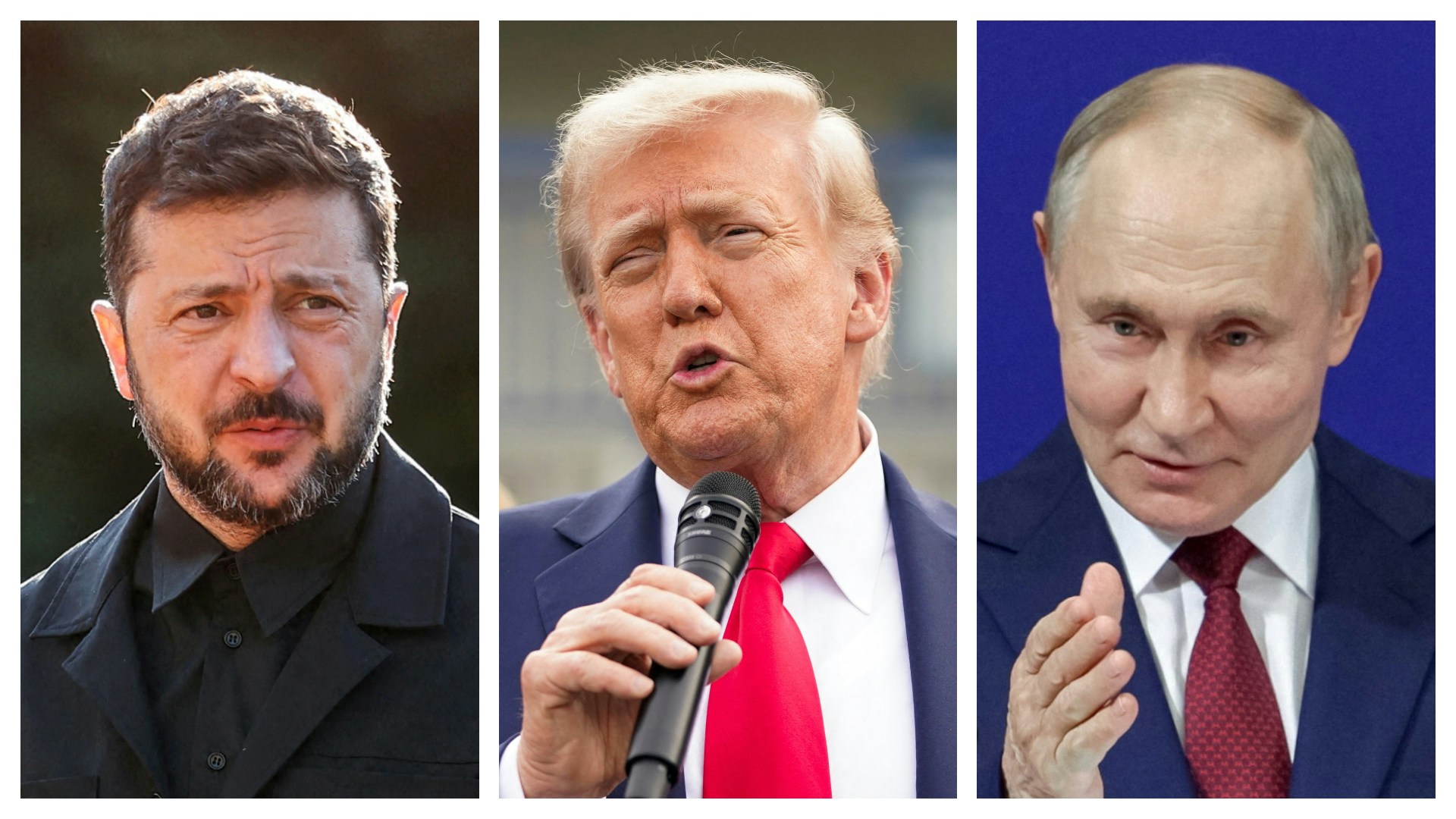 2025年8月23日,图为乌克兰总统泽连斯基(Volodymyr Zelenskyy,左),美国总统特朗普(Donald Trump,中),俄罗斯总统普京(Vladimir Putin,右)。(Reuters)