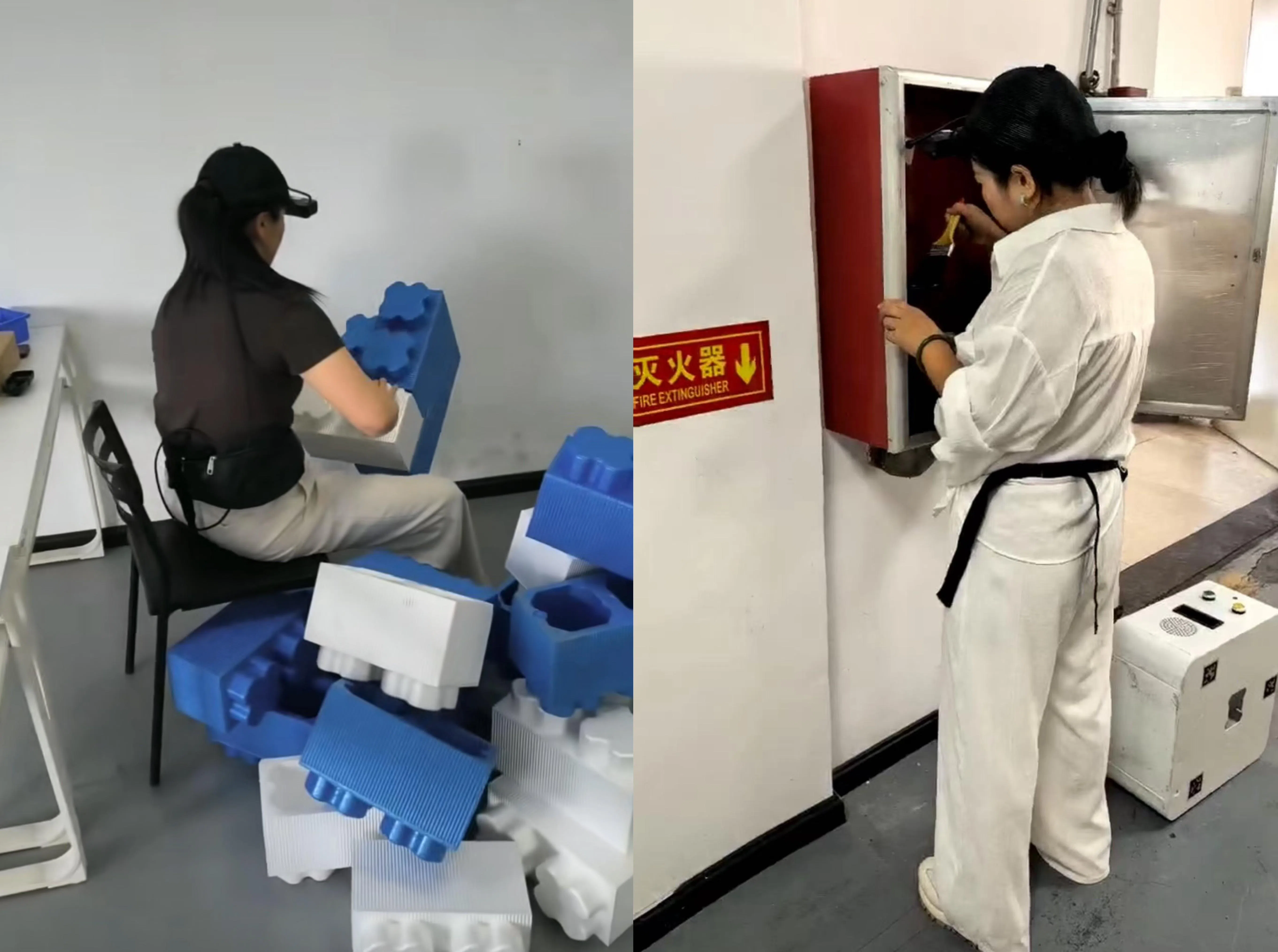 在广州铠传科技数据采集基地,数采员戴着采集设备做不同的家务活,包括整理物品(左)以及清洁消防栓箱内部。(受访者提供)
