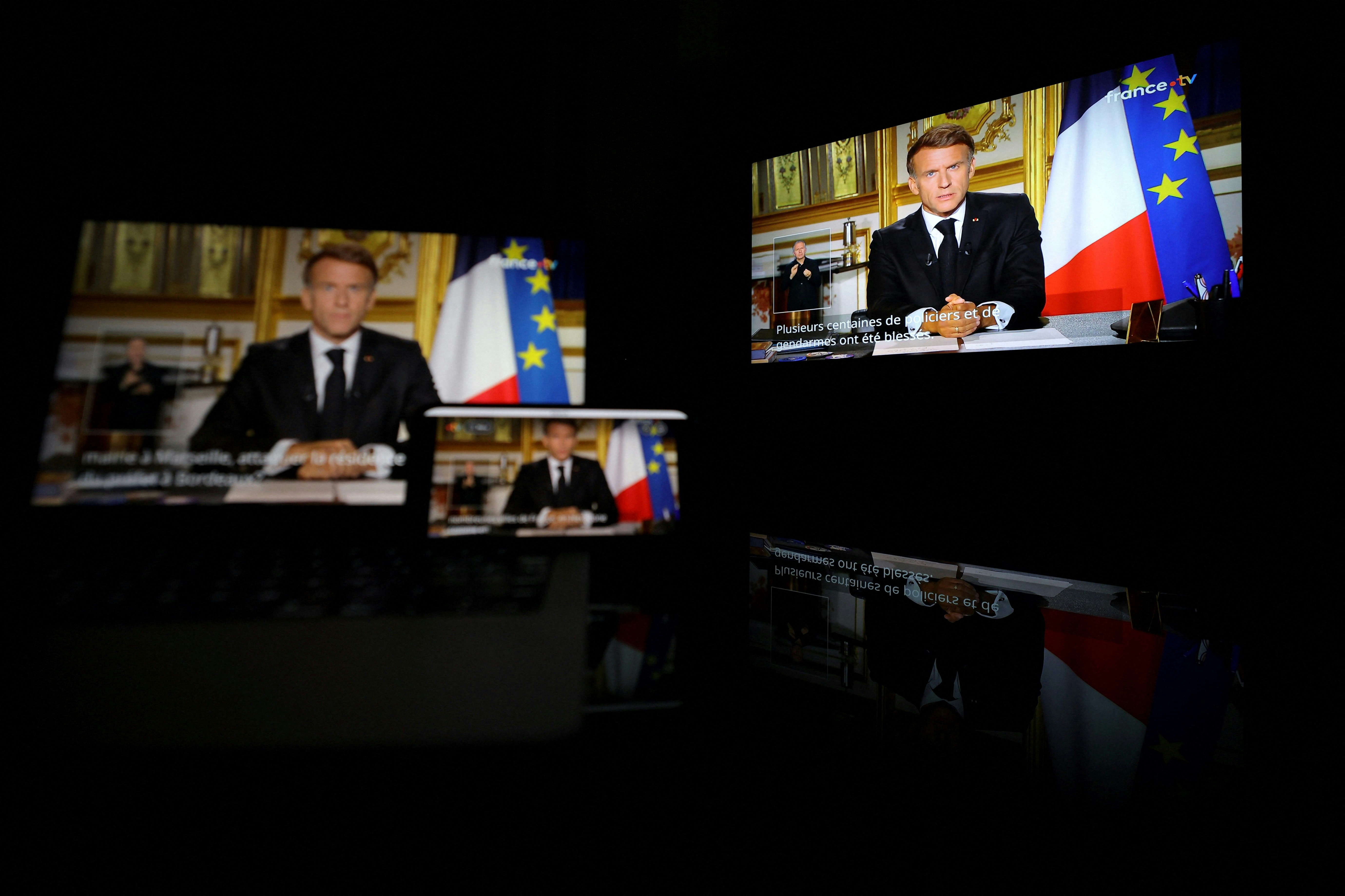 2026年10月18日,法国总统马克龙(Emmanuel Macron)发表电视讲话,谴责前一天的全国大规模示威活动中,出现暴力及违法行为。(Reuters)