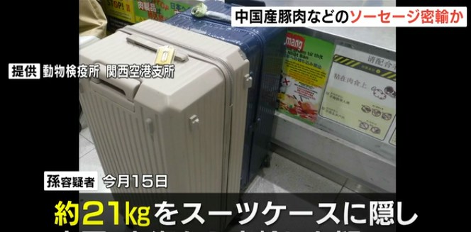日本大阪府警方2026年10月拘捕一名涉嫌走私21.75公斤肉肠入境日本的47岁中国籍女子,她把商品放进行李与背包中(影片截图)