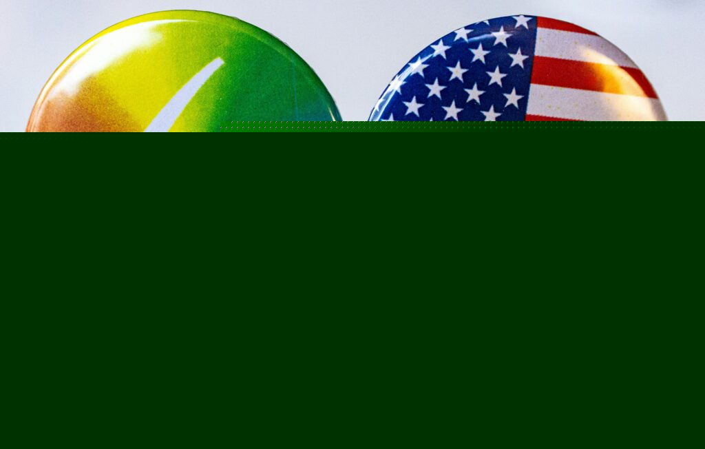 Two buttons with the words vote and the american flag