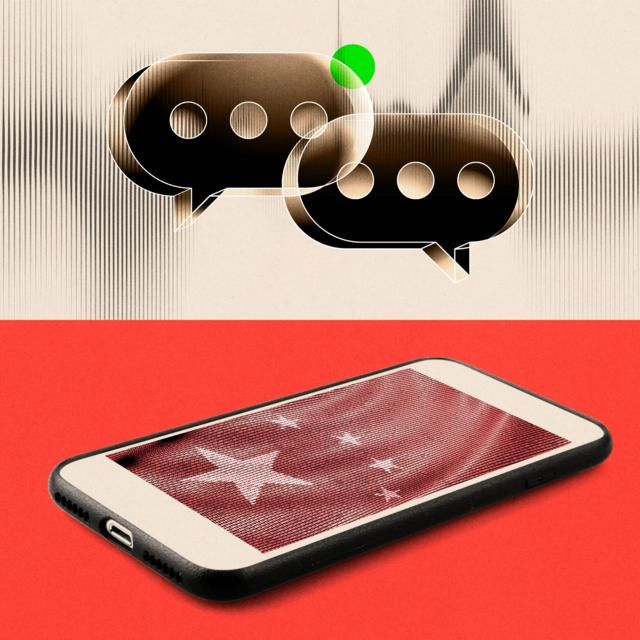 经处理的图片:上半部分显示聊天对话气泡,下半部分显示一部智能手机,萤幕上显示中国国旗。