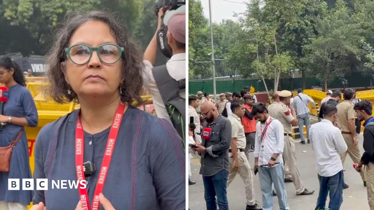 Left, a BBC reporter with glasses. Right, scenes on the ground as protesters, police and reporters amass.