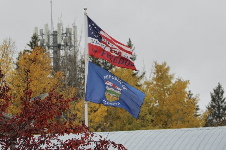 A Republic of Alberta flag flies the week before the 2026 Alberta referendum in Seba Beach