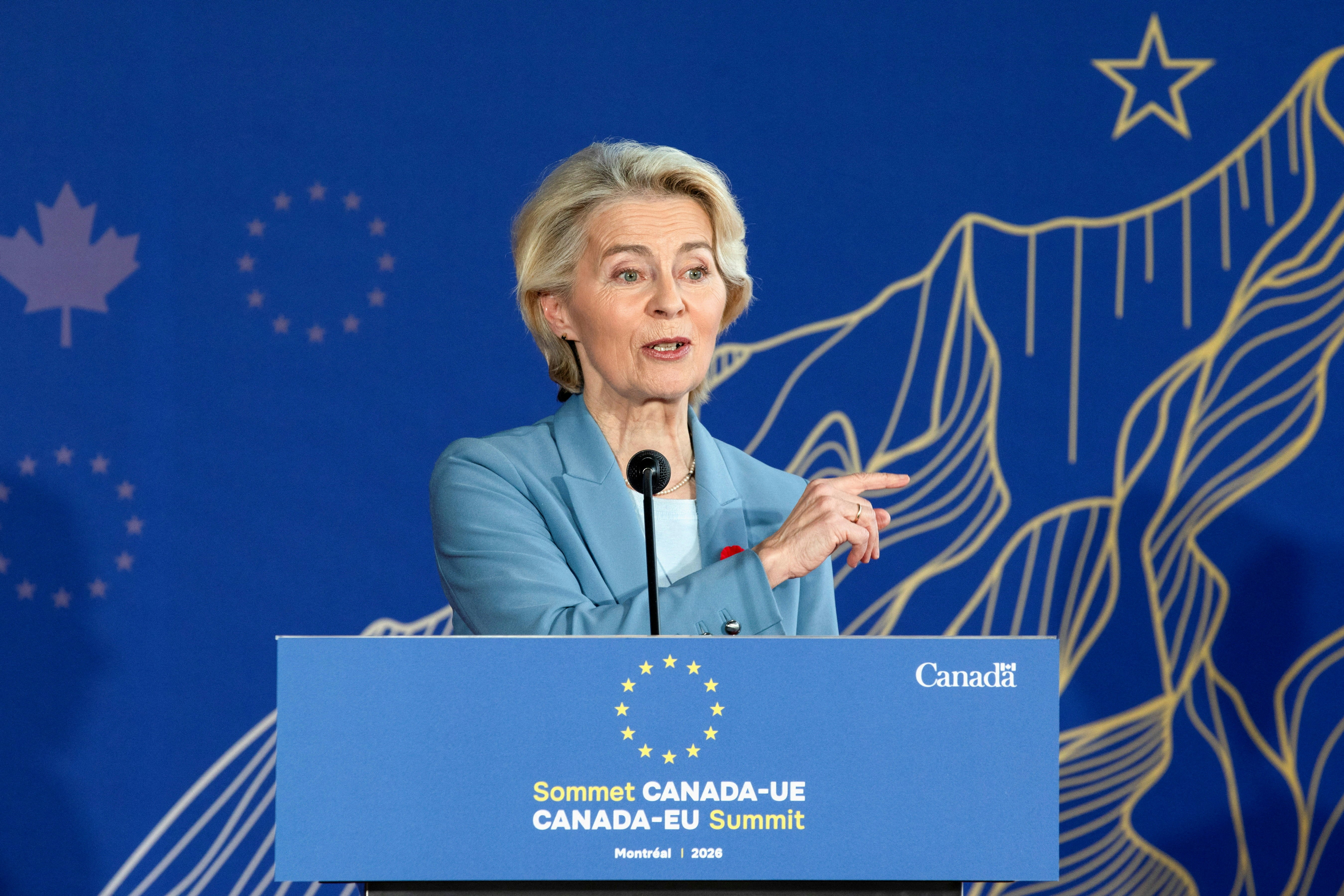 2026年10月30日,欧盟委员会主席冯德莱恩在蒙特利尔(Montreal)举行的加拿大-欧盟峰会(EU-Canada Summit)签字仪式后的新闻发布会上发表讲话。(Reuters)