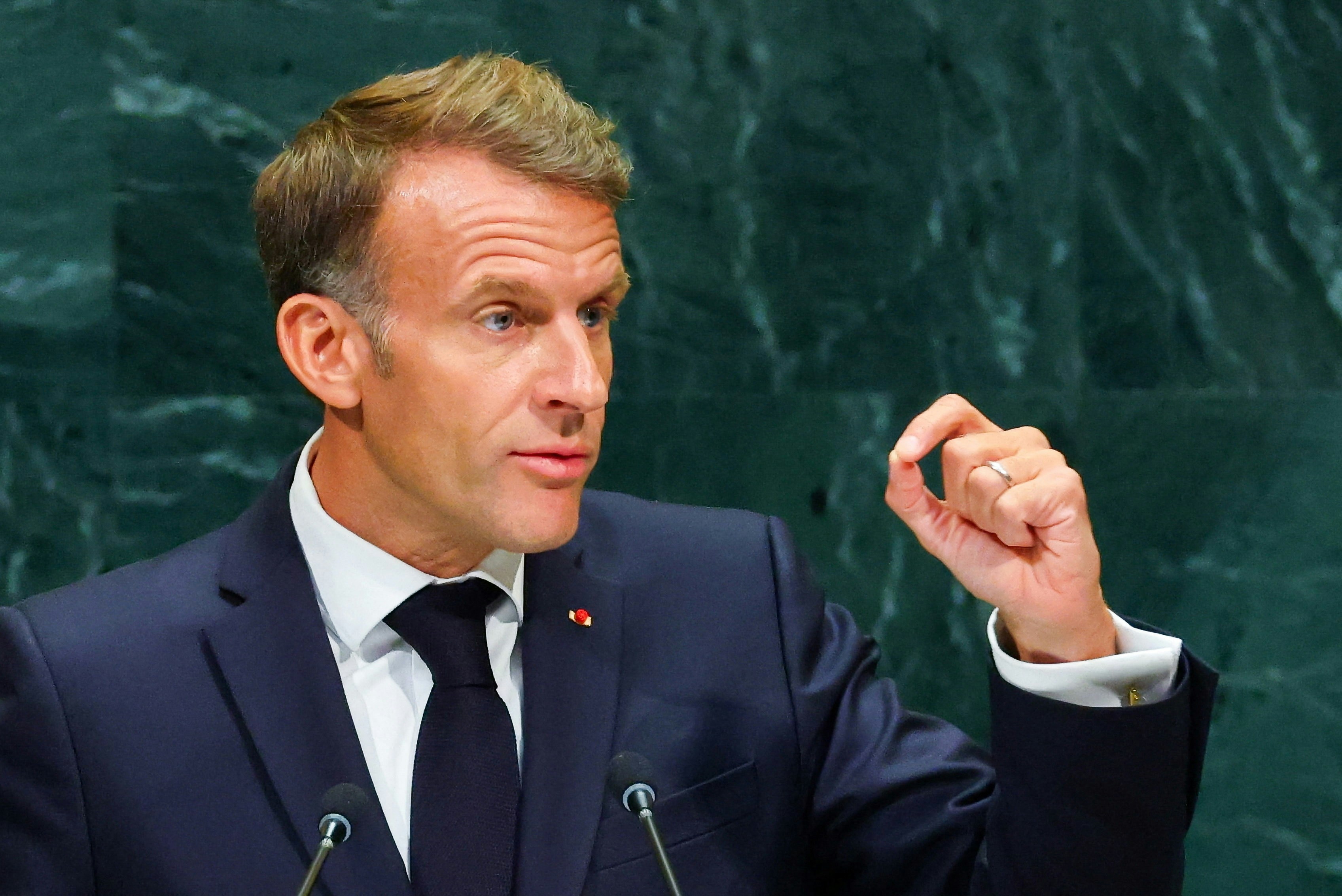 图为2026年9月22日,法国总统马克龙最后一次在联合国大会上发表演说。(Reuters)