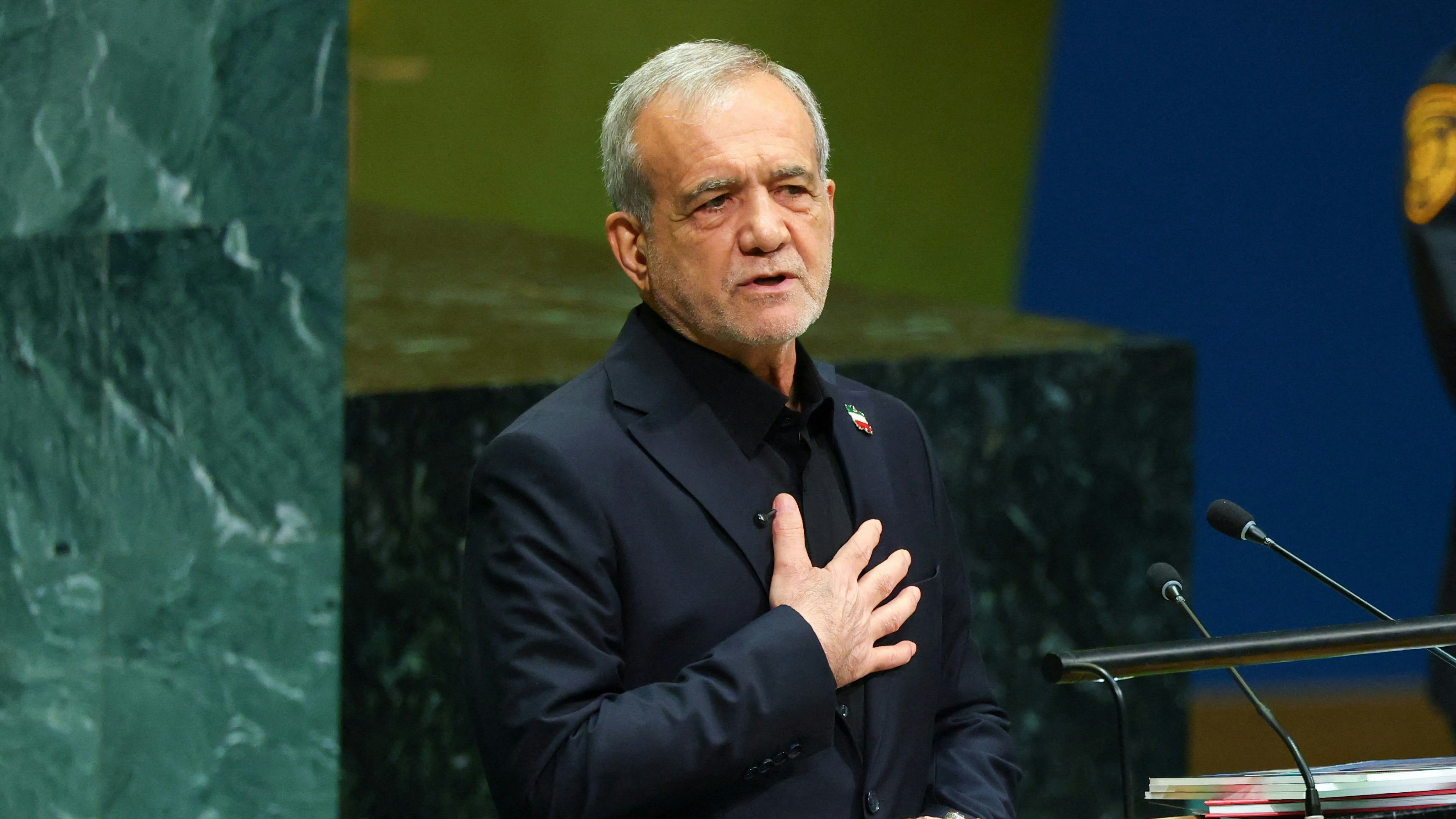 2026年9月23日,伊朗总统佩泽希齐扬(Masoud Pezeshkian)在美国纽约联合国总部举行的第81届联合国大会上发表演讲。(Reuters)