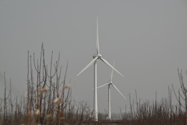 在內蒙古公路旁堆放著閒置的風力發電機葉片,當地正加速興建AI數據中心,引發外界關注相關設施能否獲得足夠芯片供應及實際需求支持。圖為中國河北省張家口市的金風科技風力發電機。資料圖。(Adek Berry/AFP via Getty Images)