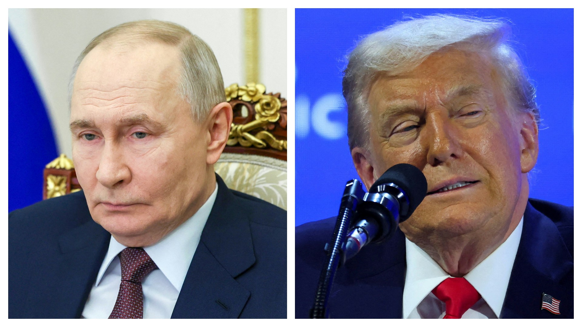 右图:2026年1月21日,瑞士达沃斯,美国总统特朗普(Donald Trump)出席世界经济论坛年会(WEF)时发表演说。(Reuters)左图:2026年1月21日,俄罗斯总统普京(Vladimir Putin)在莫斯科克里姆林宫透过视讯主持政府会议。(Reuters)