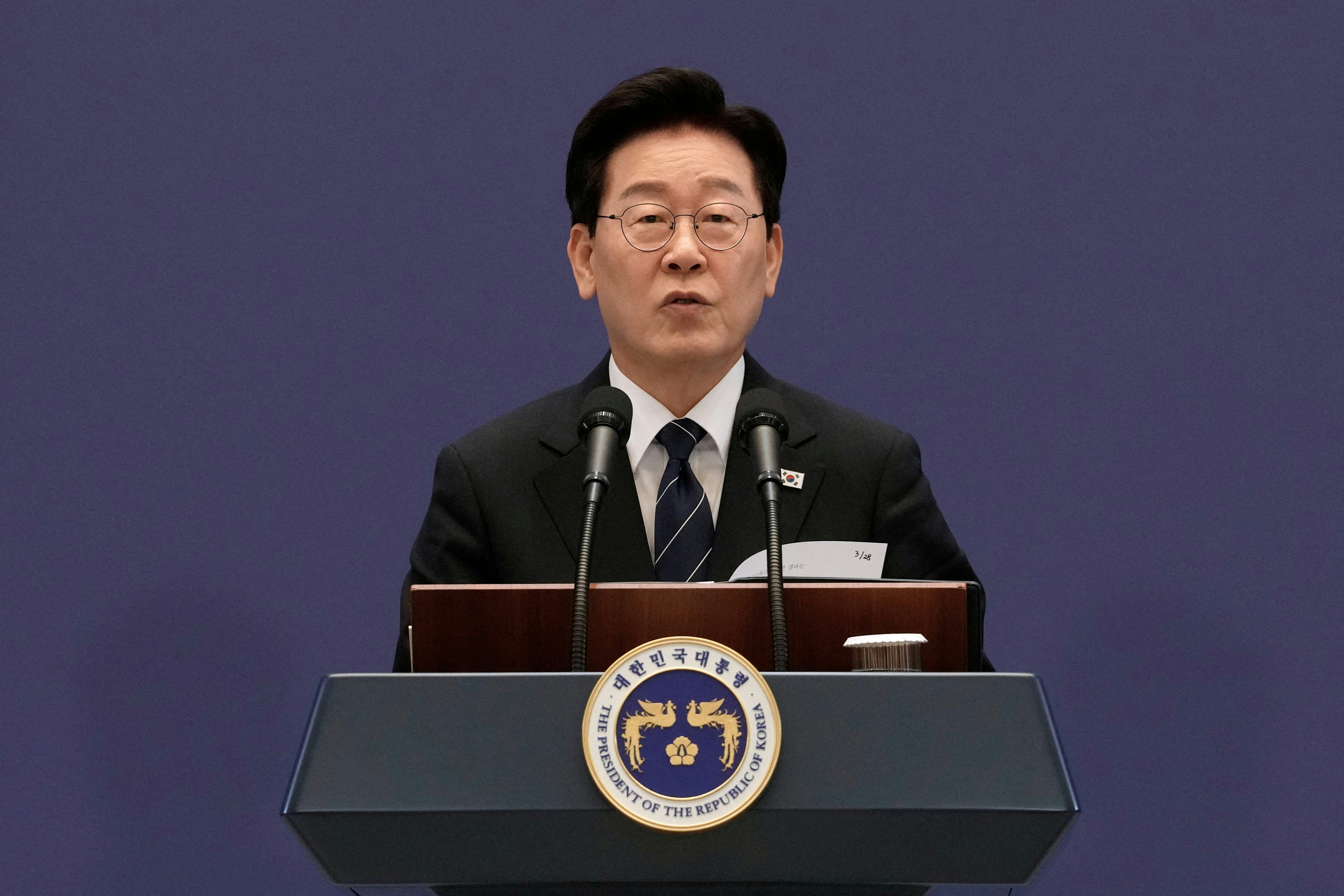 韩国总统李在明2026年9月18日在青瓦台举行记者会(Pool via REUTERS)