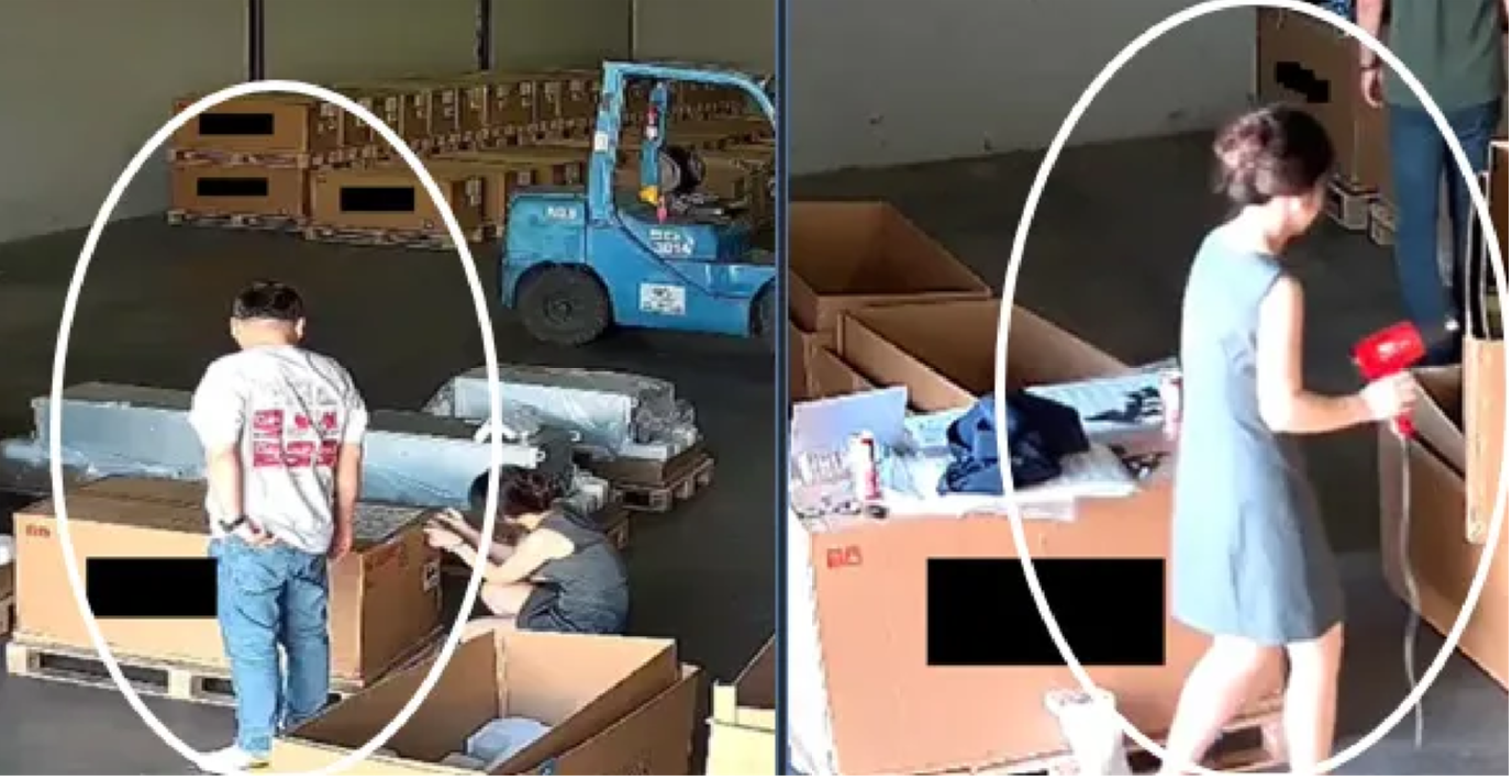 美国纽约南区联邦检察官办公室提供的一张合成照片显示,数名中间人在一处仓库内,正在窜改服务器箱上的序号贴纸。(美国纽约南区联邦检察官办公室)