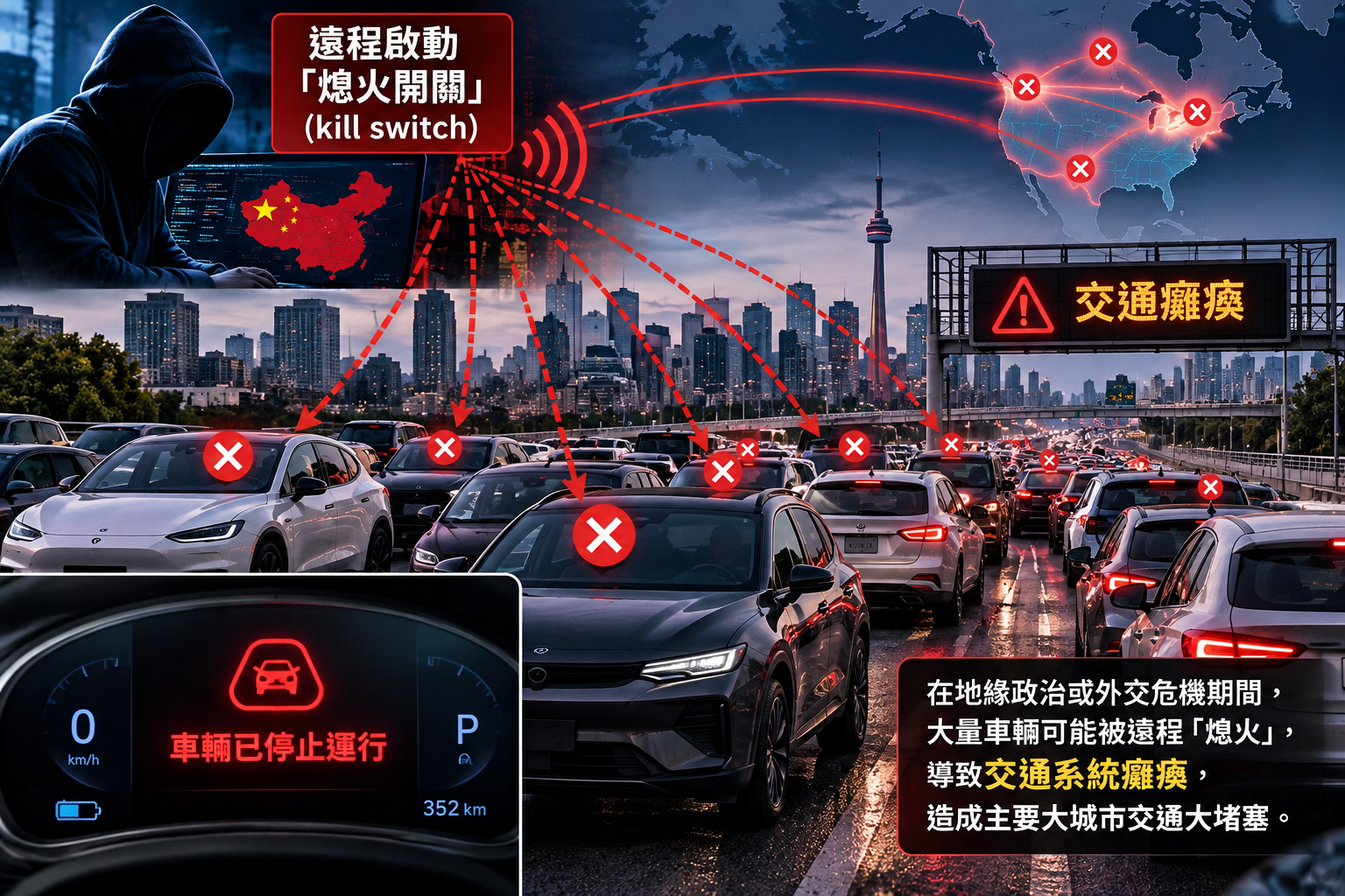 车辆软件的「熄火开关」可能导致交通系统瘫痪。(Chatgpt 制作示意图)