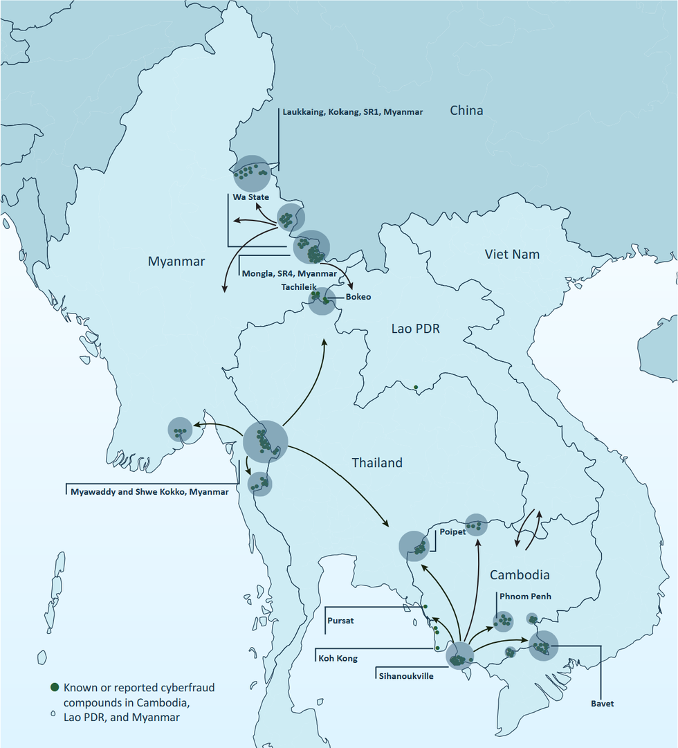 2023-2025年湄公河地区已知或被报道的诈骗中心地点