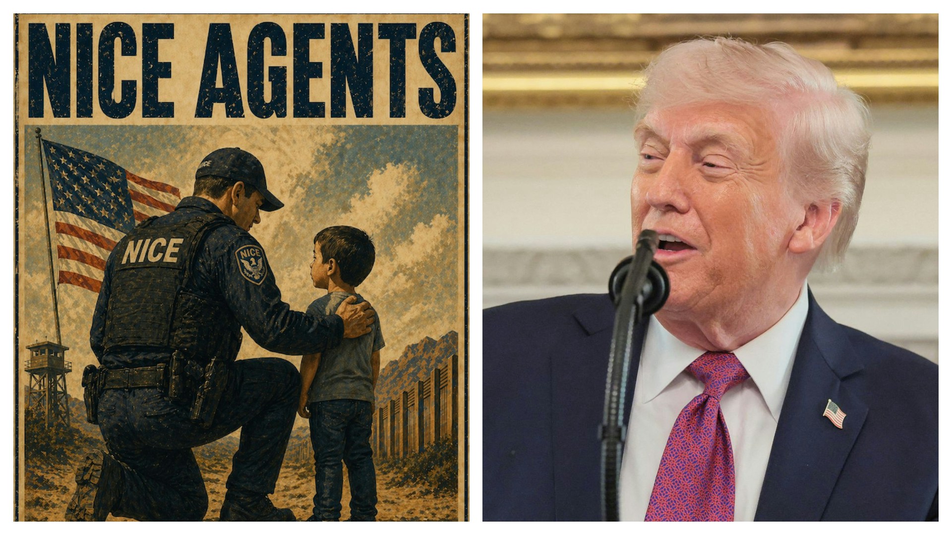 左图:2026年4月27日,美国总统特朗普(Donald Trump)表态支持把移民及海关执法局(ICE)更名国家移民和海关执法局(NICE)后,白宫在社交媒体X上传相关的图片。(X@WhiteHouse)