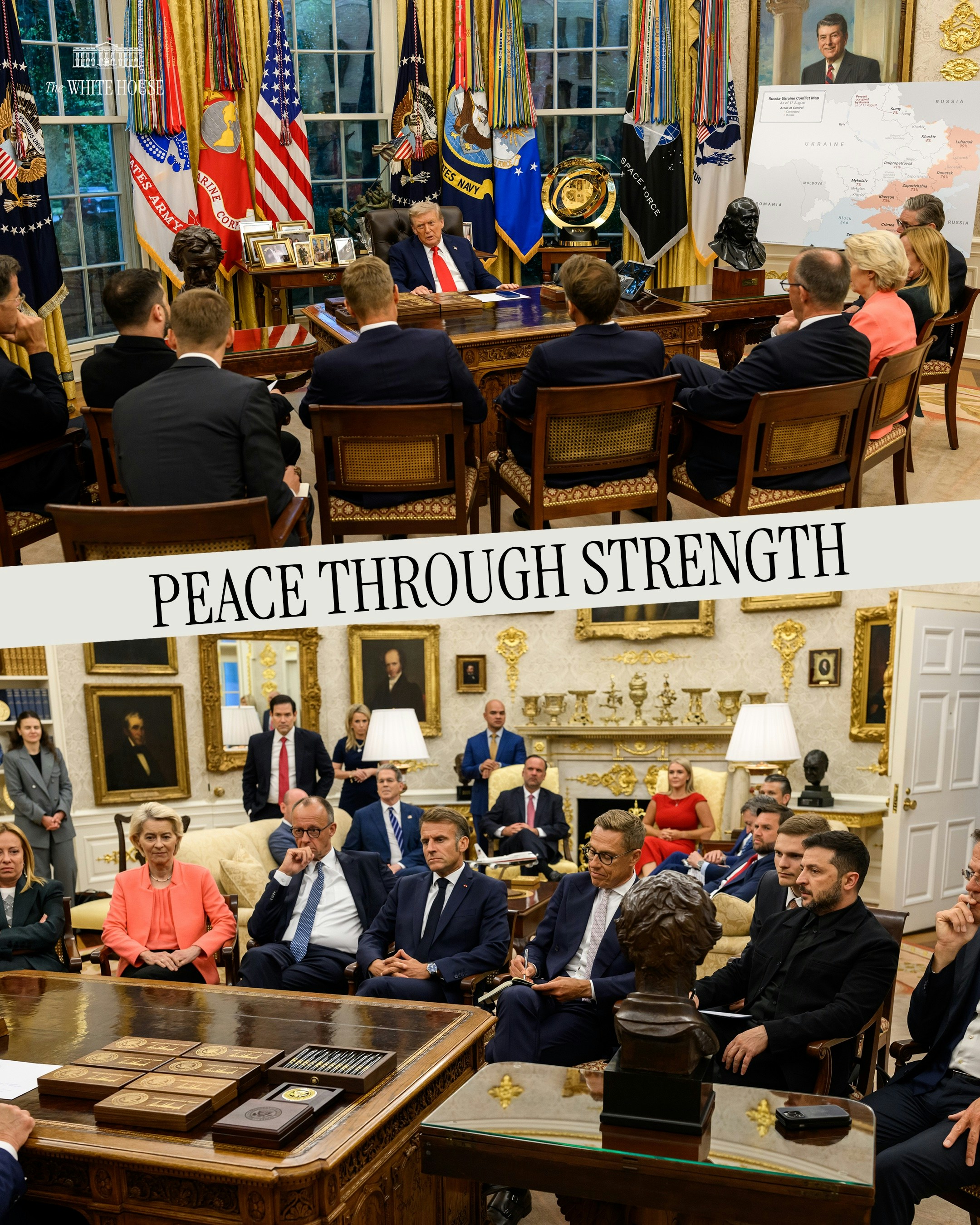 2025年8月18日，美国总统特朗普（Donald Trump，又译川普）在白宫椭圆形办公室会见欧洲多国领袖。（X@WhiteHouse）。