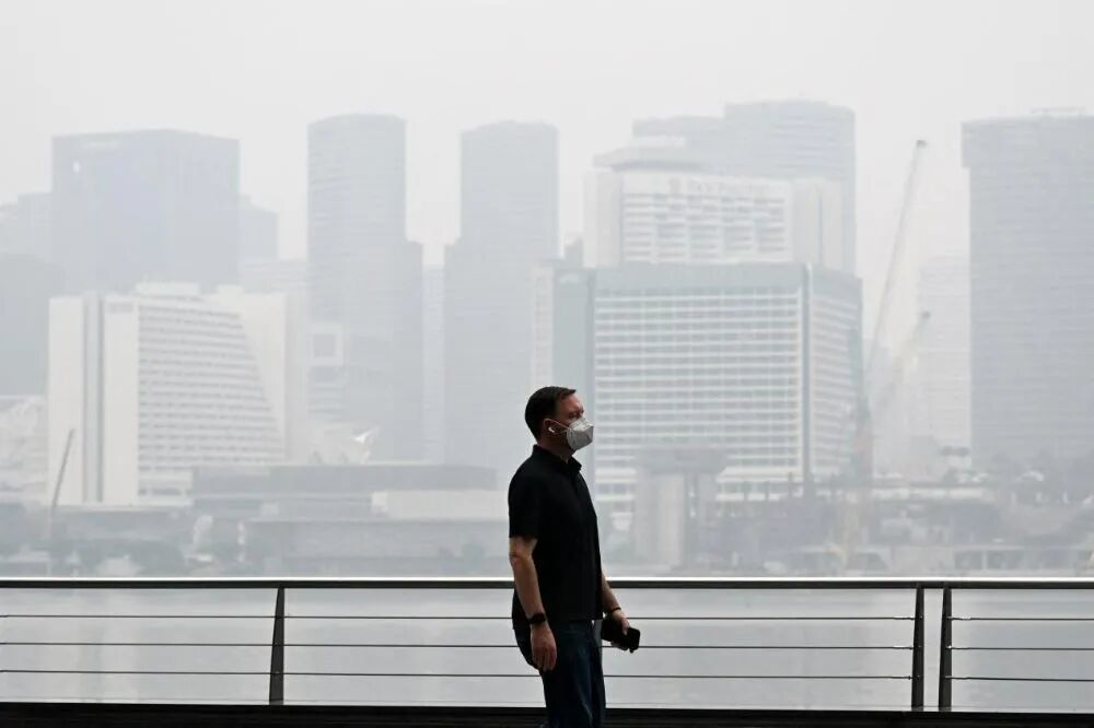 10月12日,新加坡,一名戴着口罩的行人走在滨海湾的林荫道上,背景中的建筑被烟霾笼罩。(图源:法新社)