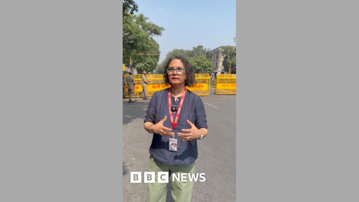 BBC journalist wearing a dark blue top and green pants in central Delhi ahead of yellow police barricades