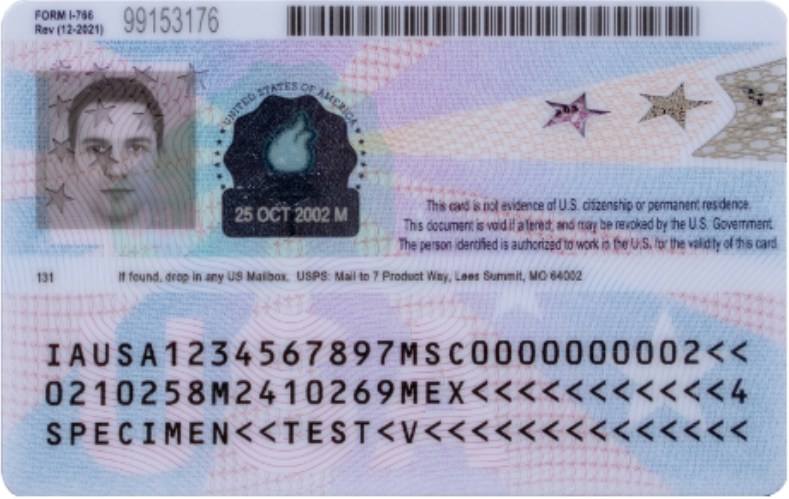 美国移民工作许可证(EAD)背部。(uscis.gov)