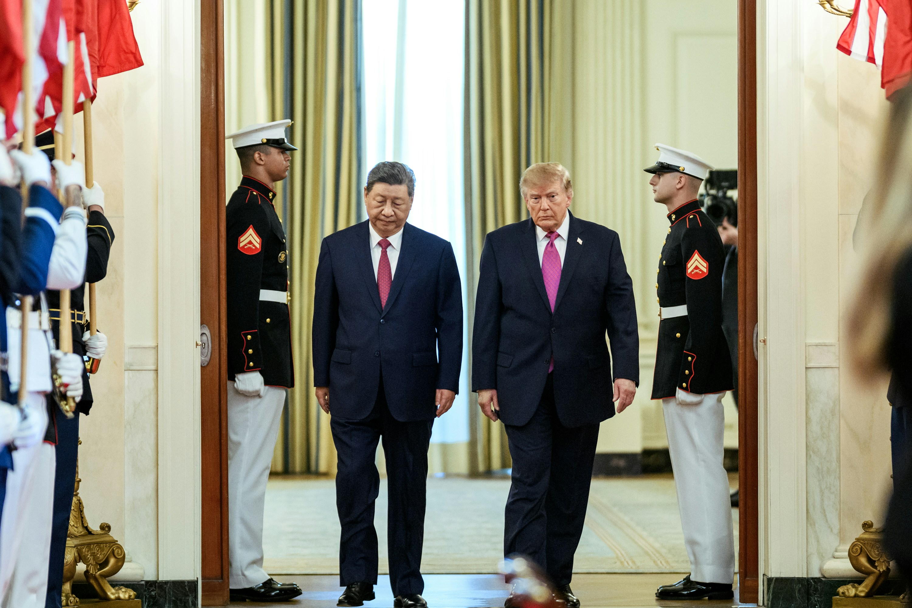 2026年9月24日，美国总统特朗普（Donald Trump，右二）在华盛顿白宫欢迎到访的中国国家主席习近平（左二）。（X@WhiteHouse）