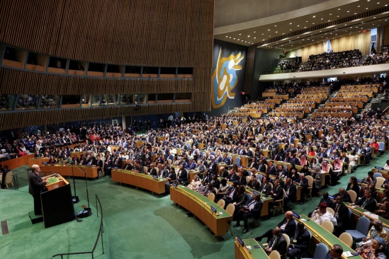 联合国秘书长古特瑞斯22日在联合国大会发表演说。（路透社）